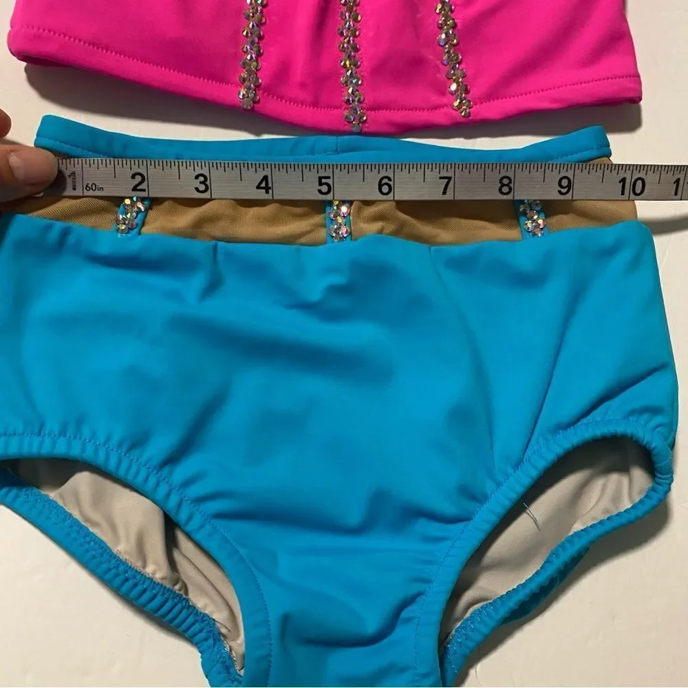 Custom made solo dance costume hot pink neon rhinestone 2 piece illusion 10